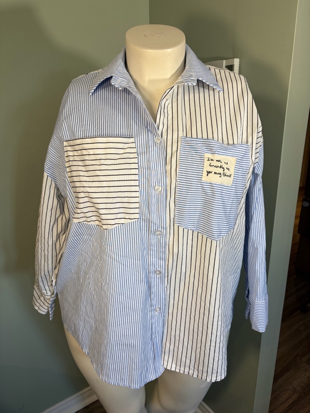73. Zeta Otto Striped Patchwork Button-Up Shirt - Blue/White